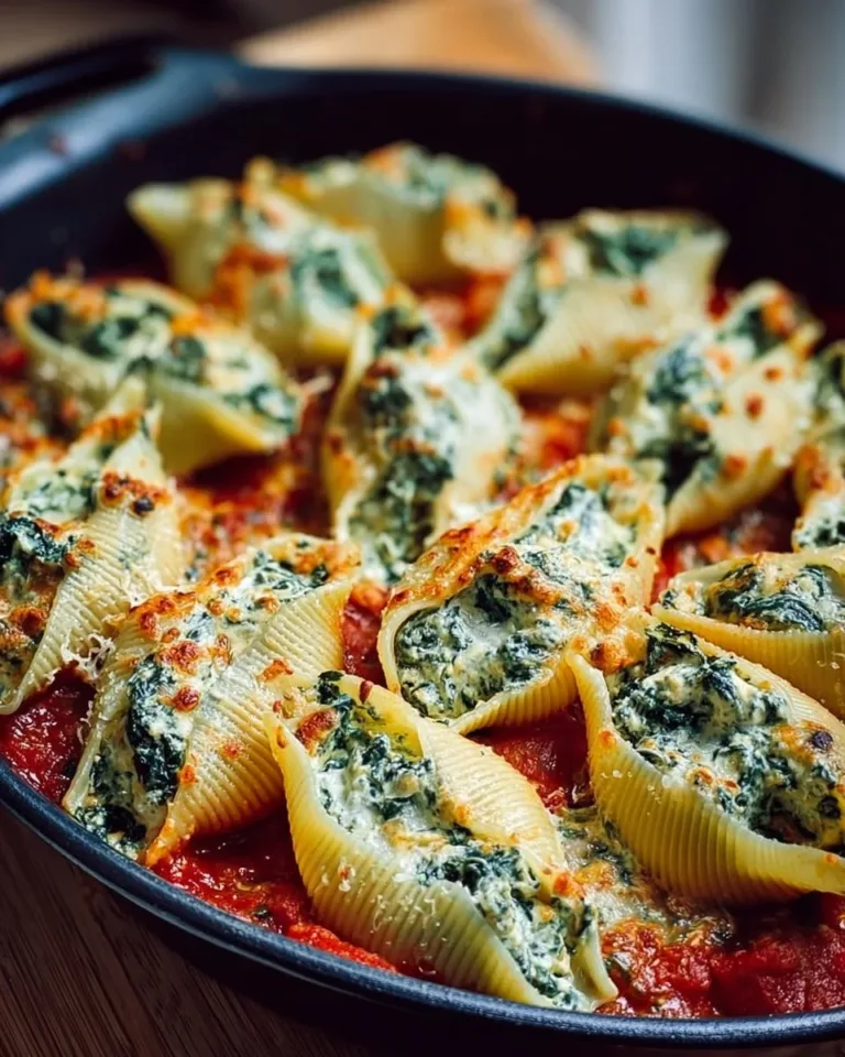 Plate of spinach and ricotta stuffed shells with marinara sauce