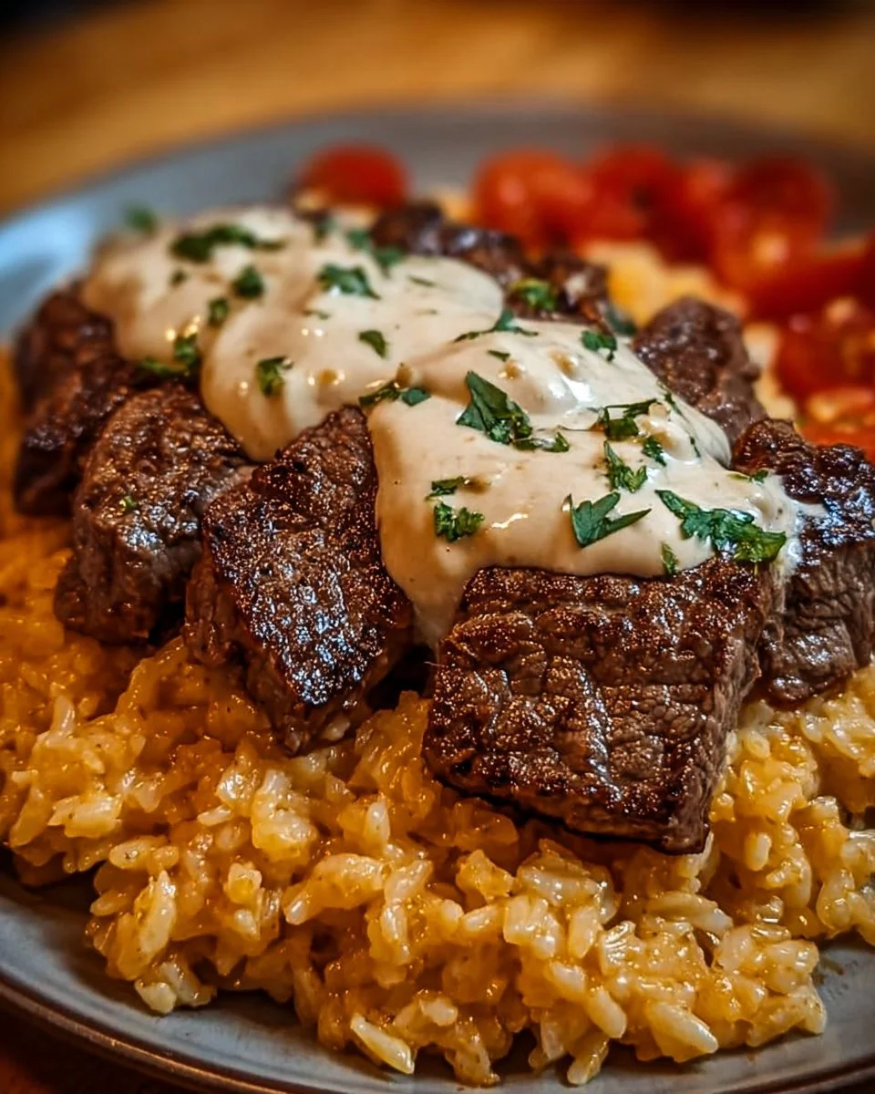 Plate of delicious steak and cheese rice garnished with herbs
