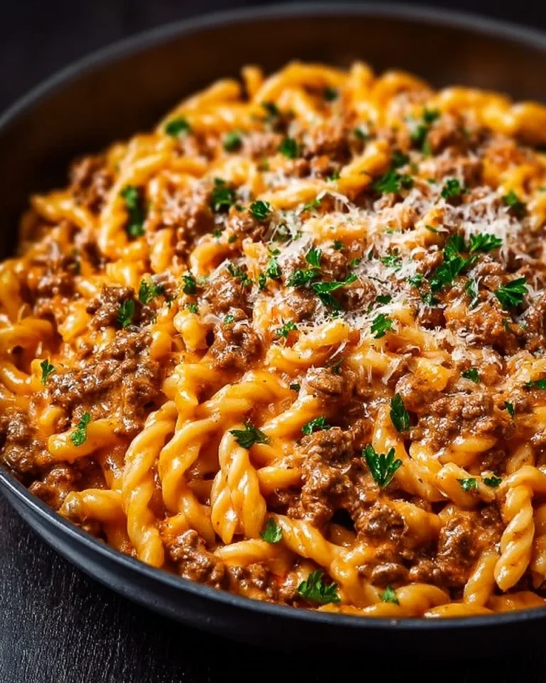 Stovetop creamy ground beef pasta in a skillet garnished with parsley