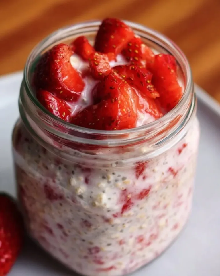 Bowl of Strawberries and Cream Overnight Oats topped with fresh strawberries