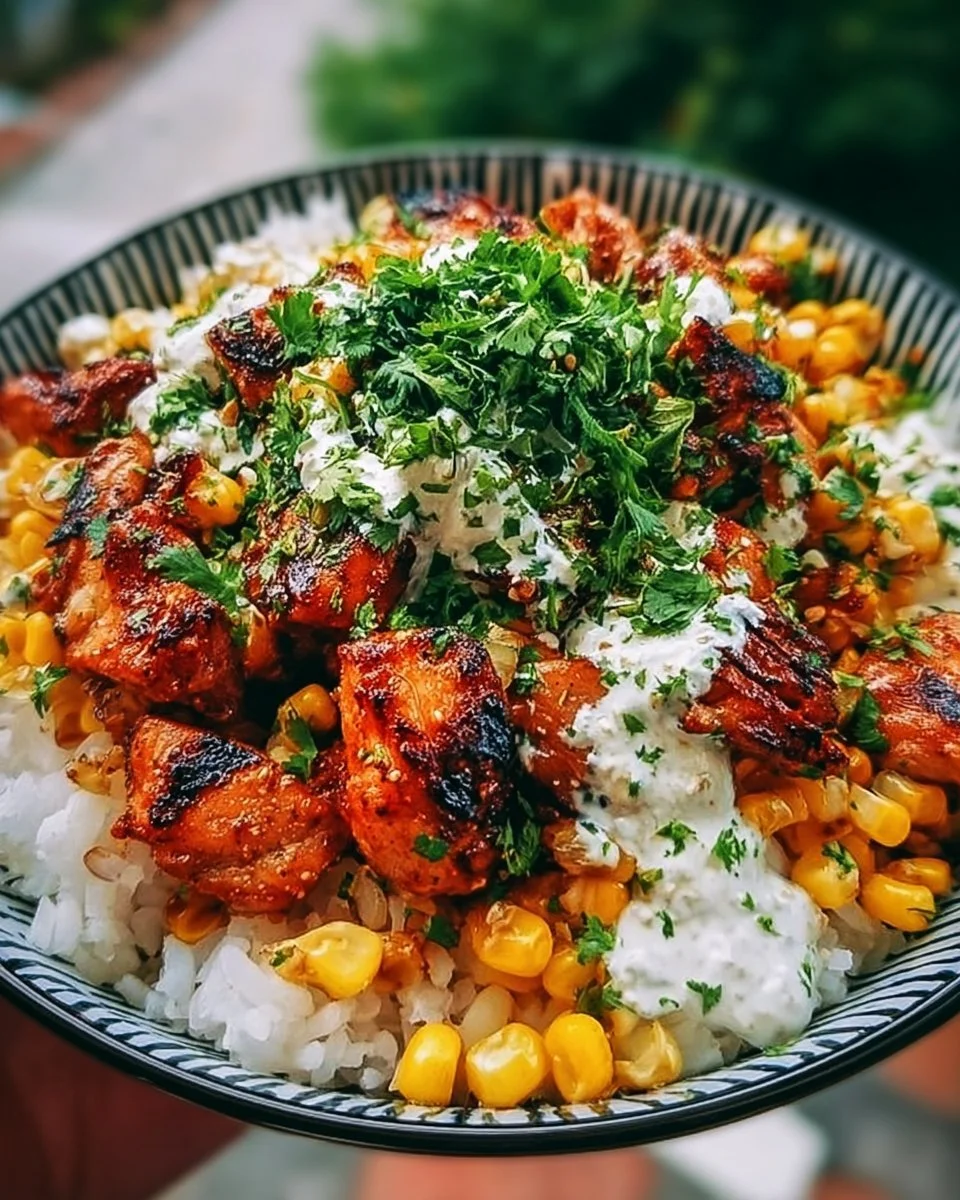 Delicious Street Corn Chicken Bowl with vibrant corn and rice