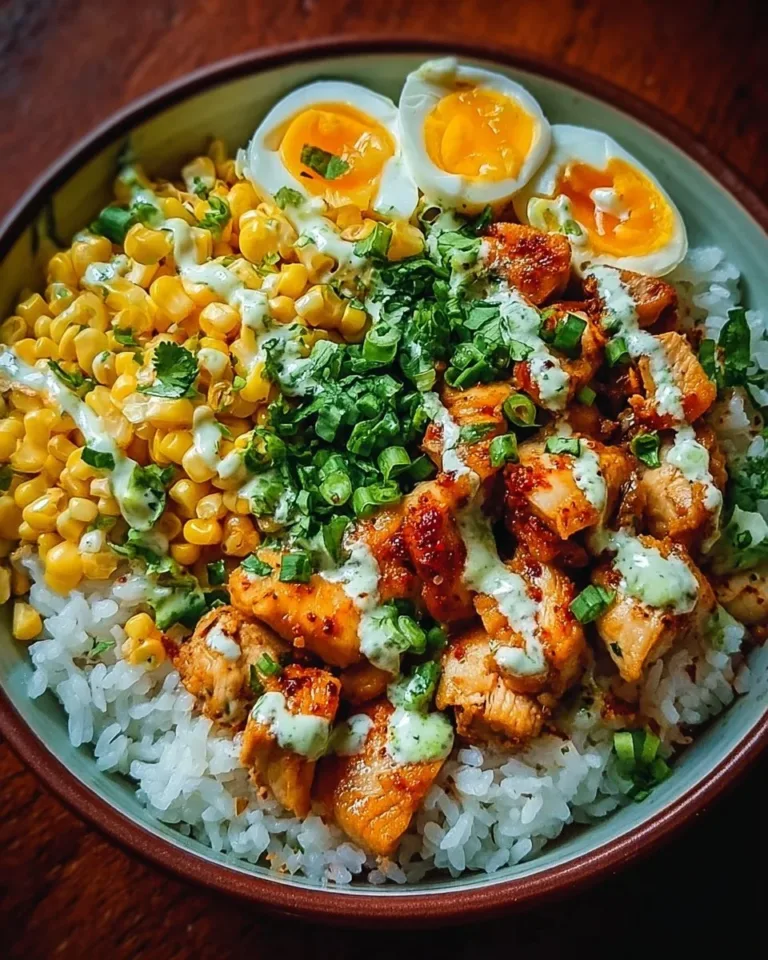 Delicious Street Corn Chicken Rice Bowl topped with fresh cilantro and lime