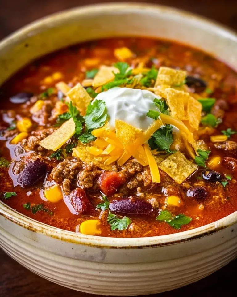 A delicious bowl of Taco Soup topped with cheese and sour cream.