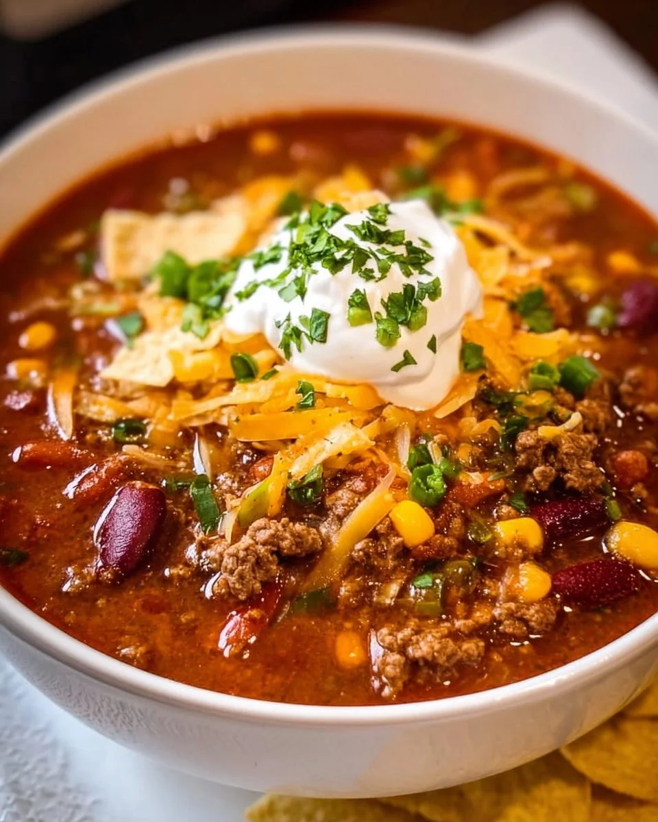 A hearty bowl of Taco Soup topped with cheese and avocado