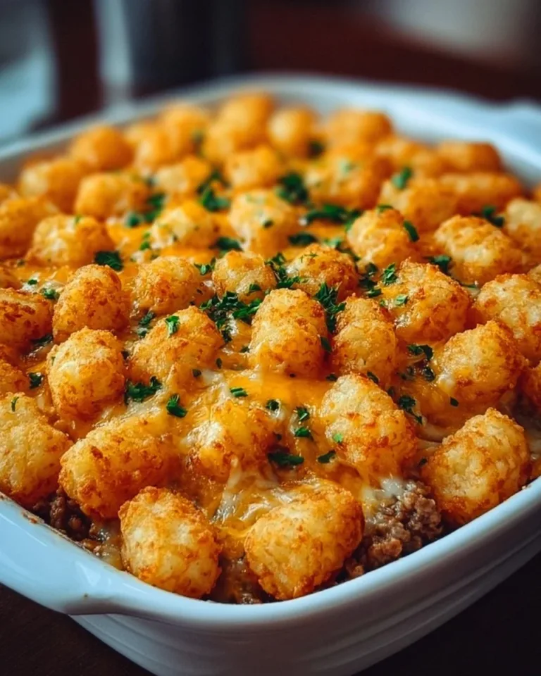 Delicious Tater Tot Casserole served in a baking dish with toppings.