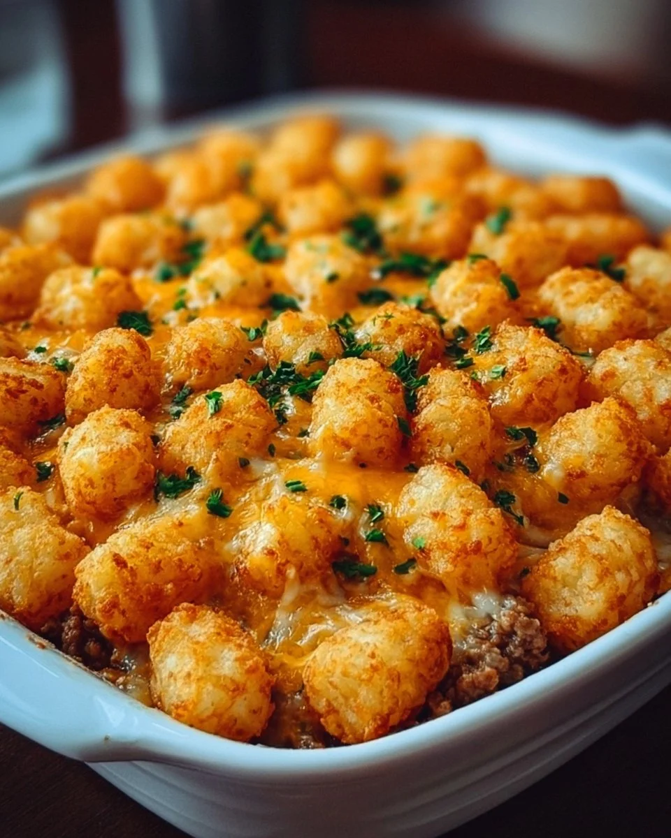 Delicious Tater Tot Casserole served in a baking dish with toppings.