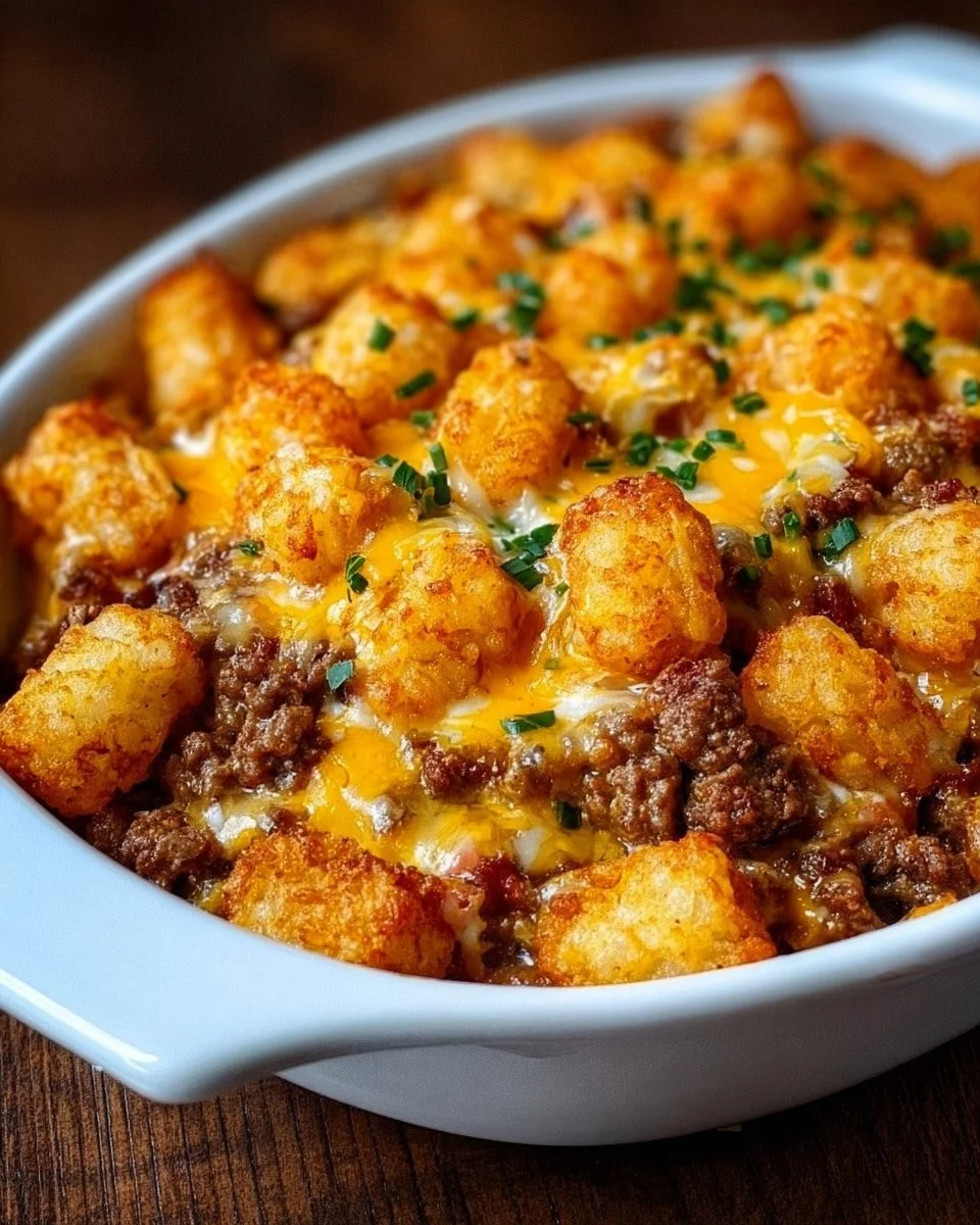 Delicious tater tot casserole with ground beef, topped with cheese and crispy tots