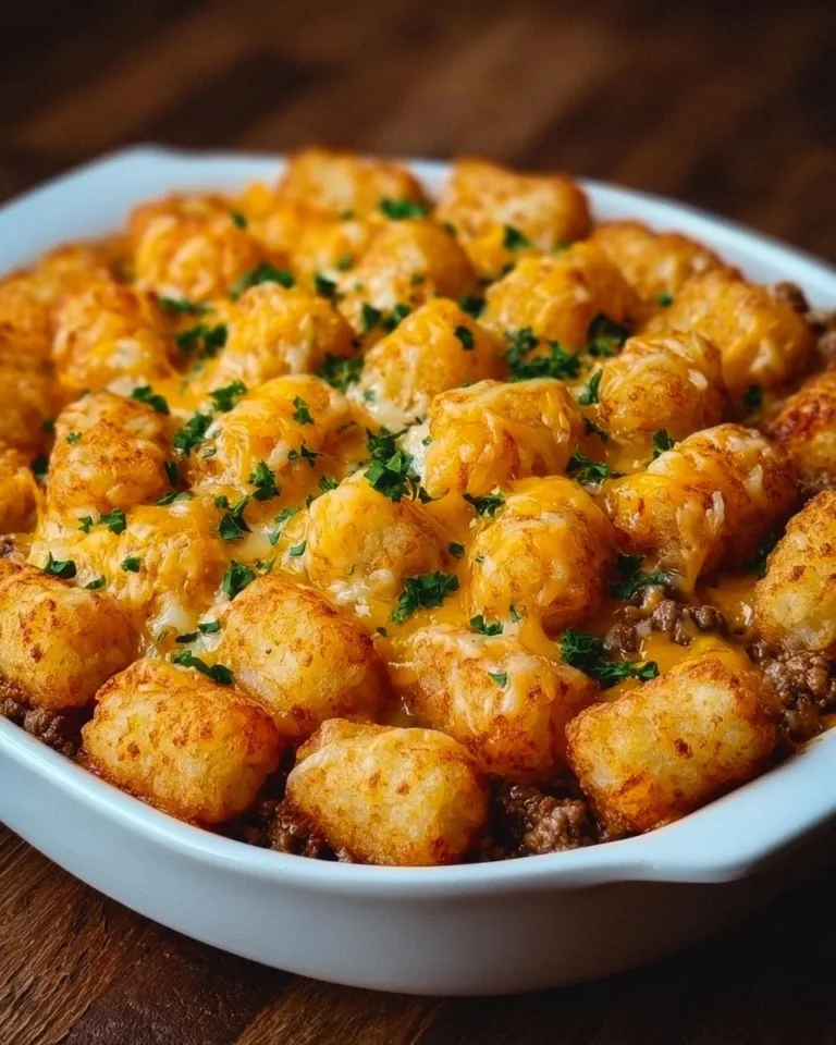 Delicious Tater Tot Casserole with Ground Beef ready to serve