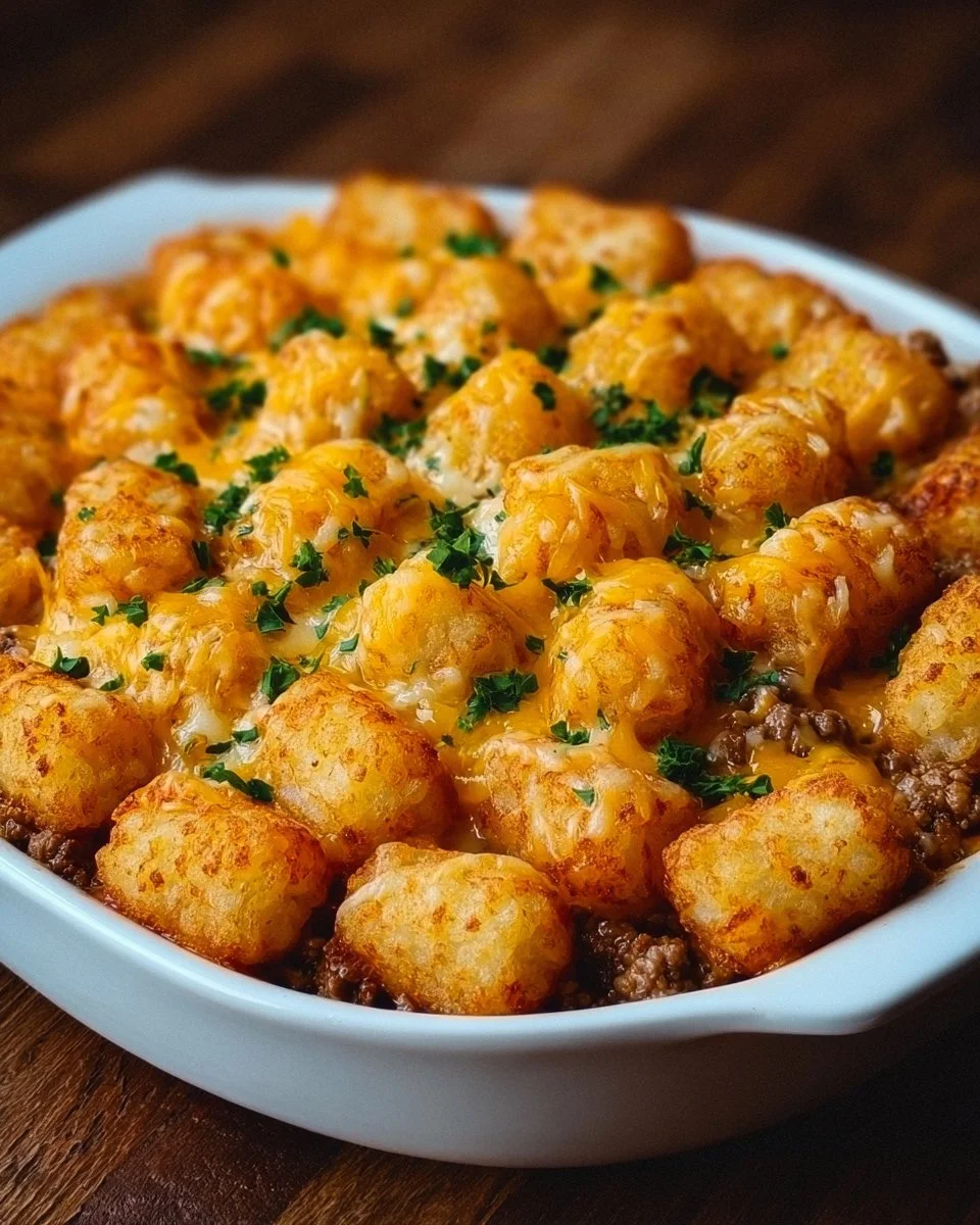 Delicious Tater Tot Casserole with Ground Beef ready to serve