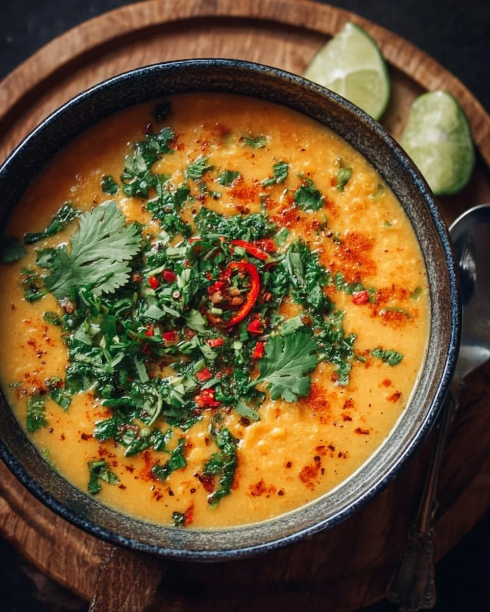 Bowl of Thai Coconut Red Lentil Soup featuring vibrant colors and fresh ingredients.