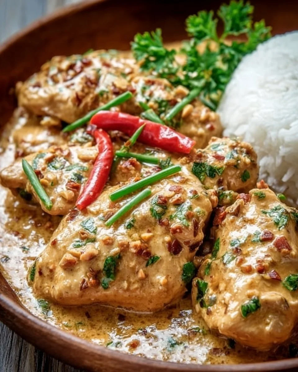 Thai-style peanut chicken dish served with vegetables and peanuts