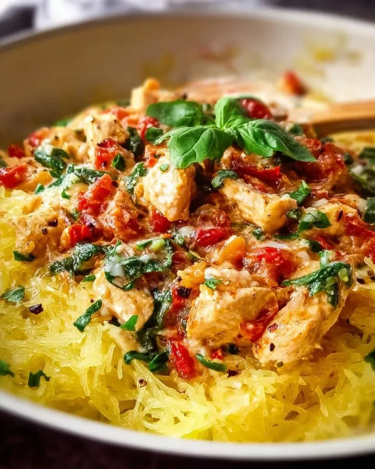 Delicious Tuscan Chicken served with roasted spaghetti squash
