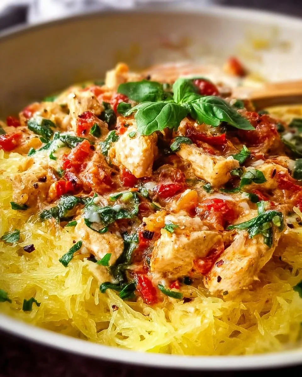 Delicious Tuscan Chicken served with roasted spaghetti squash