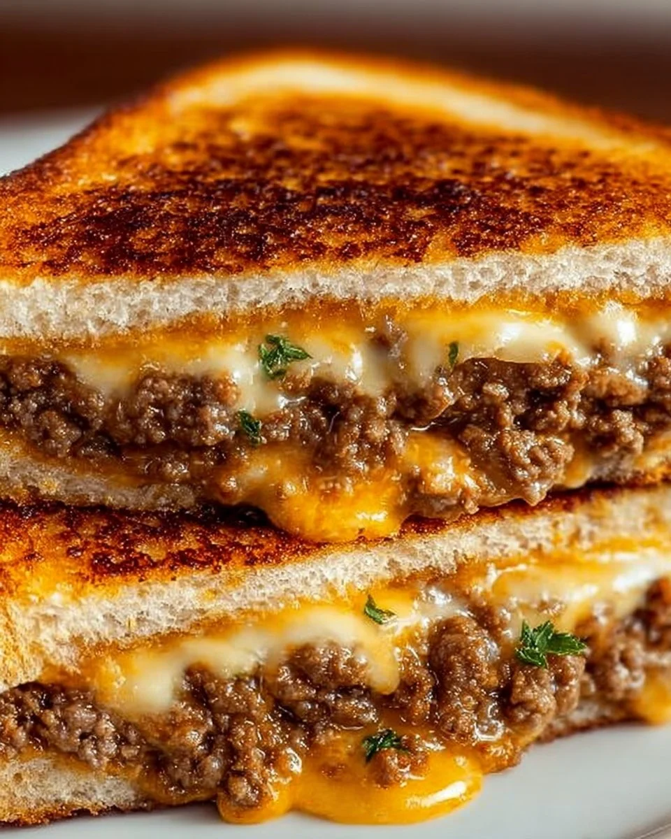 Ultimate cheesy ground beef melt served with melted cheese and garnished