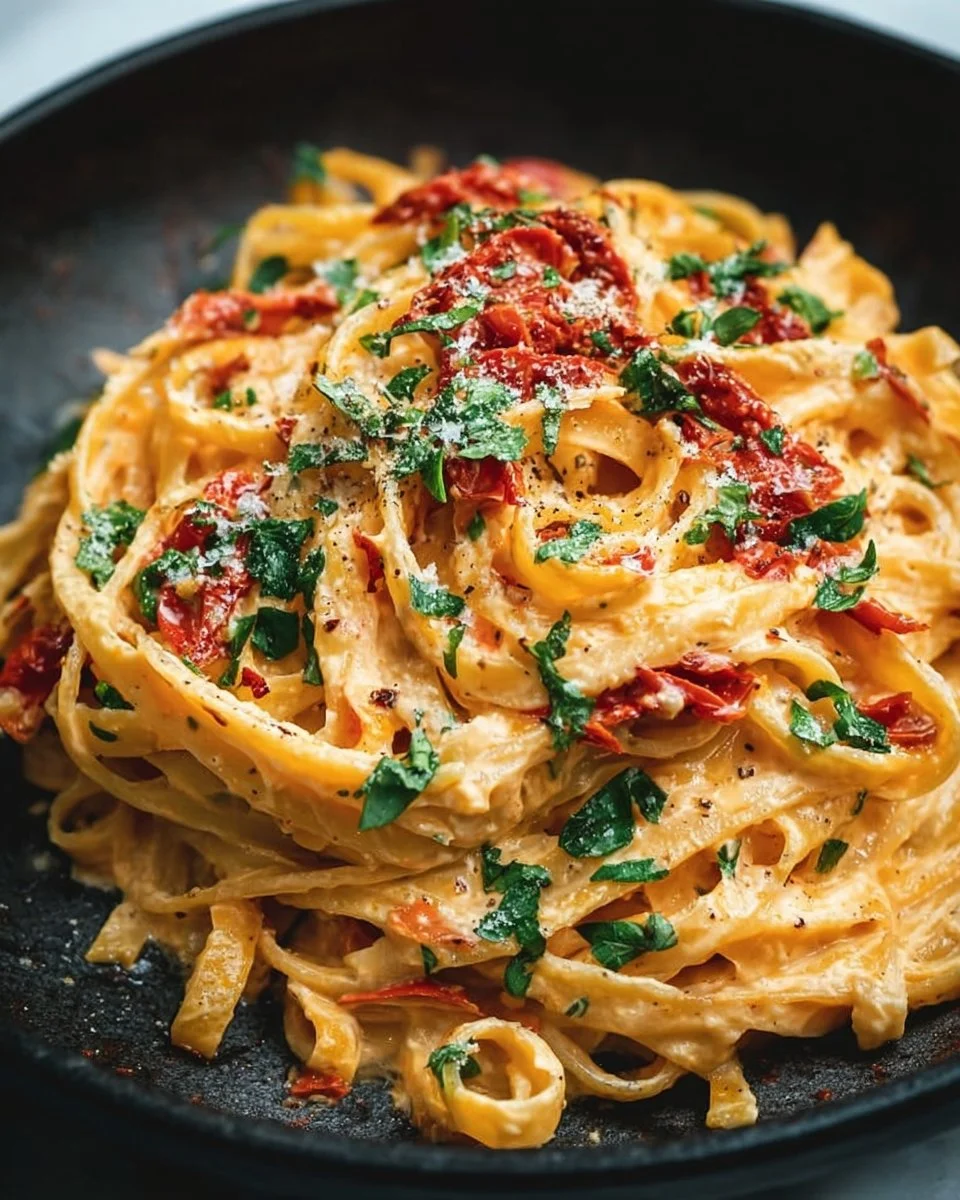 Vegan Creamy Sun Dried Tomato Pasta in a bowl topped with herbs