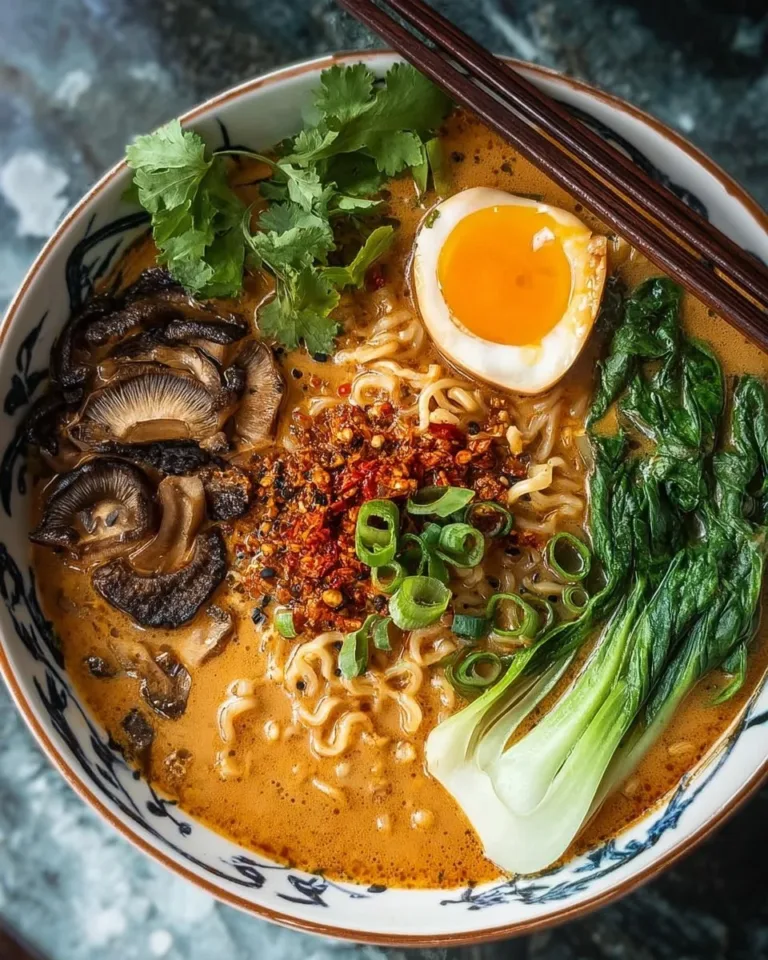 A delicious bowl of vegan spicy ramen topped with fresh herbs and vegetables.