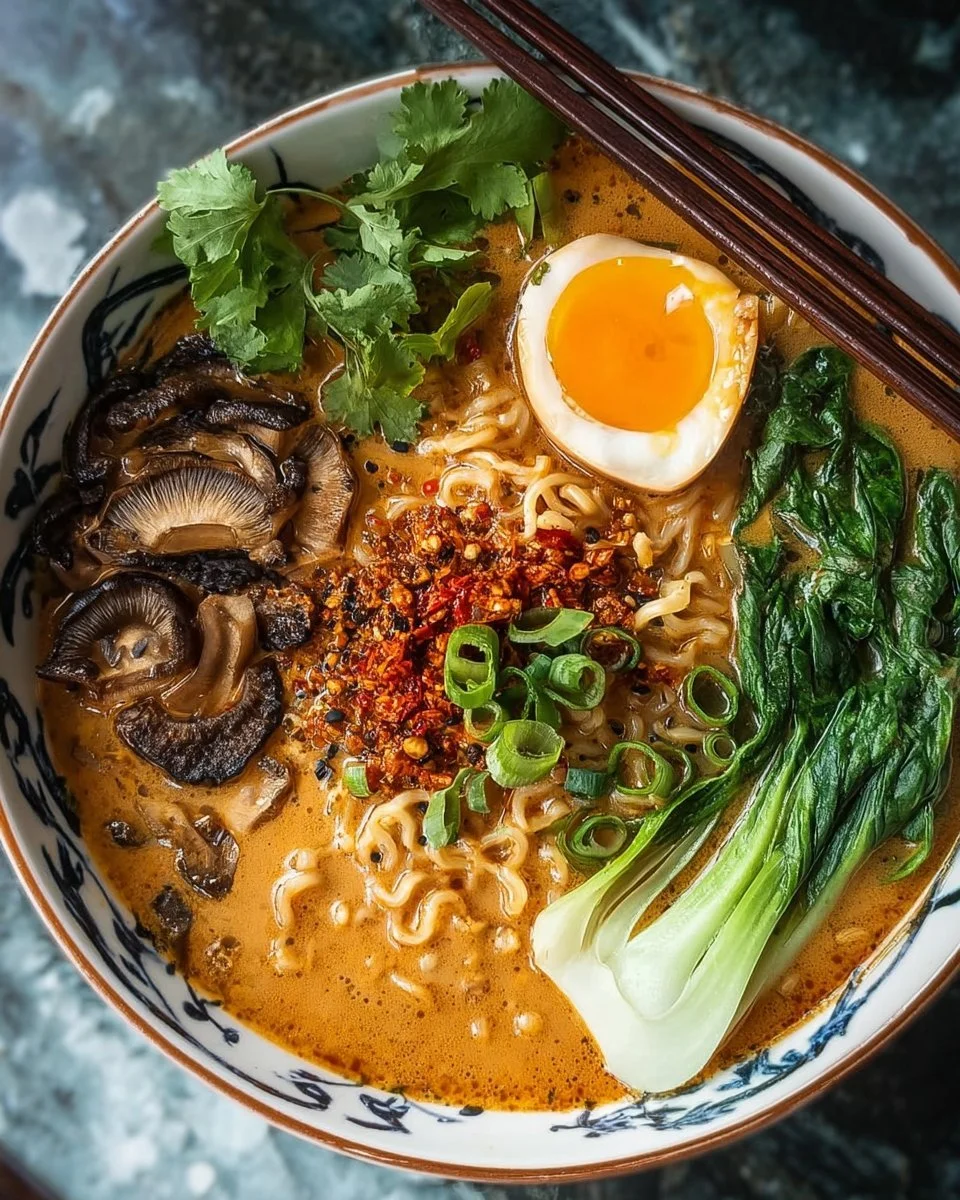 A delicious bowl of vegan spicy ramen topped with fresh herbs and vegetables.