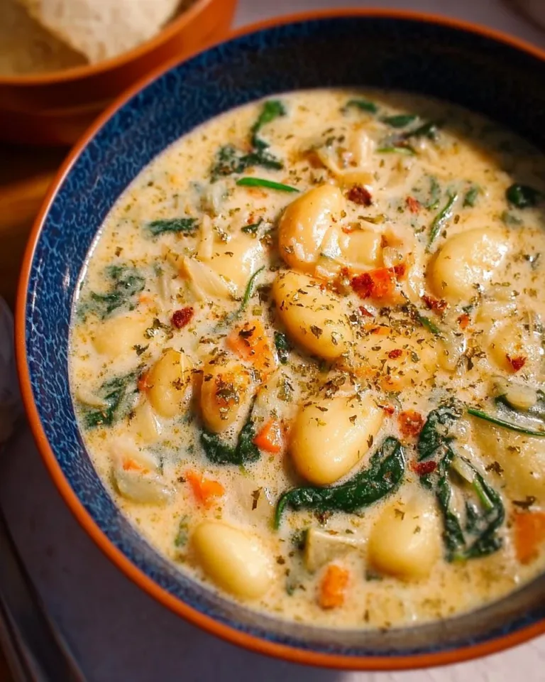Bowl of hearty vegetarian gnocchi soup garnished with fresh herbs