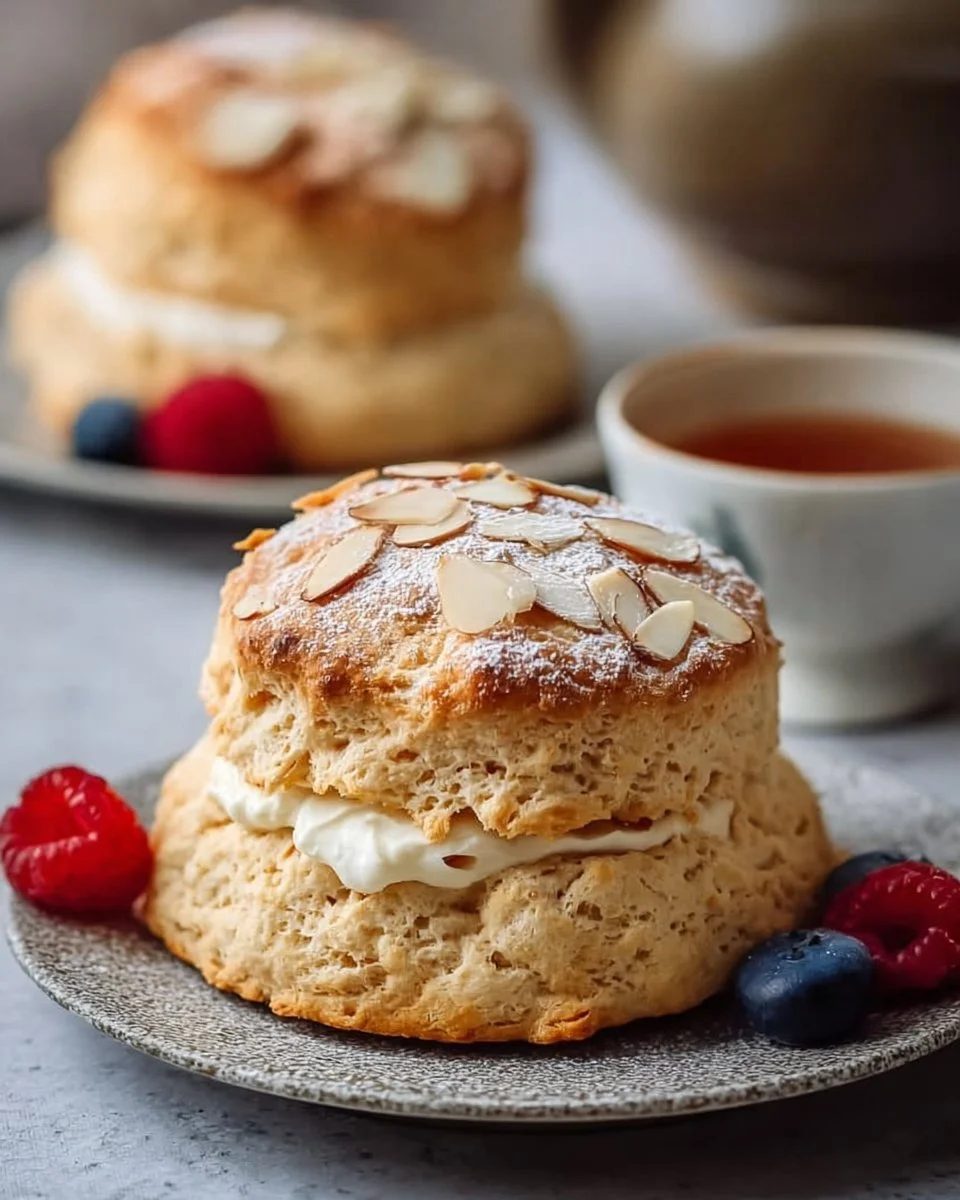 Delicious almond flour scones topped with fresh berries and icing