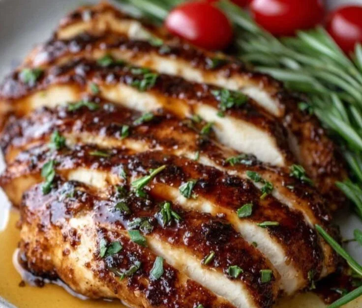 Balsamic baked chicken breast garnished with herbs and served on a plate