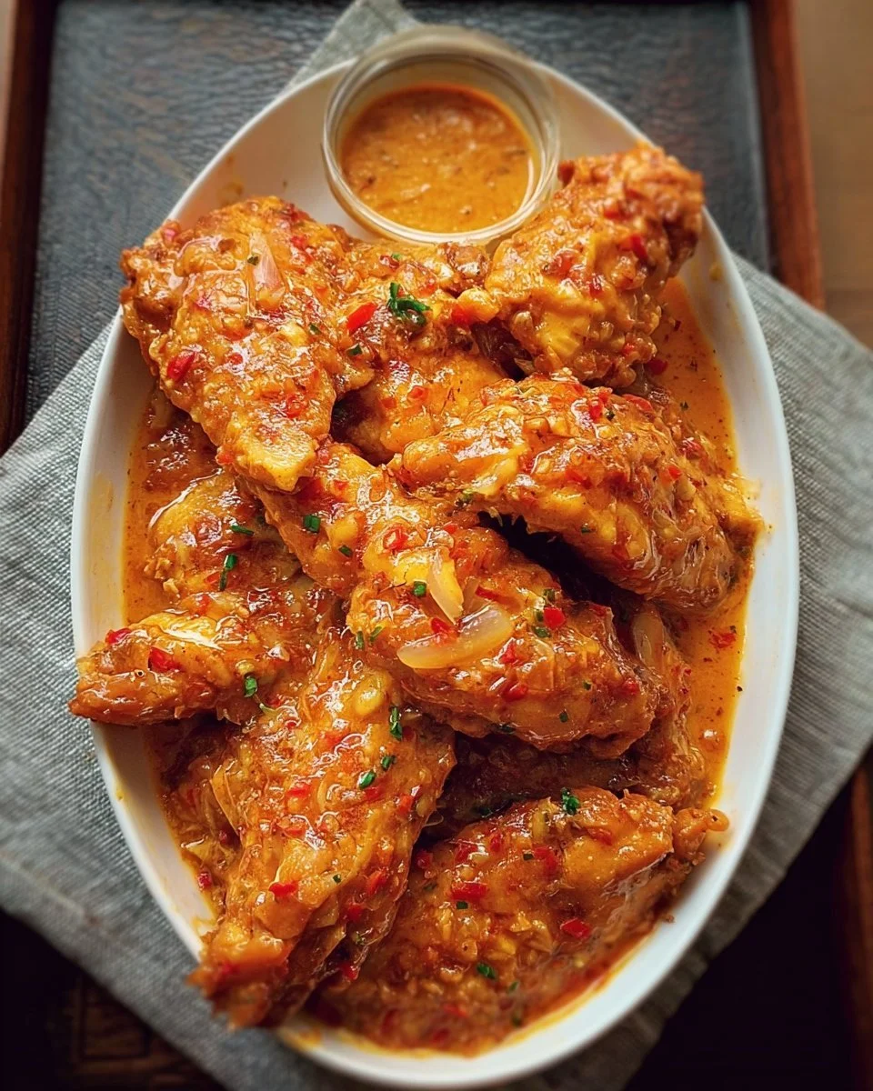 Delicious plate of Bang Bang Chicken garnished with herbs and sauce