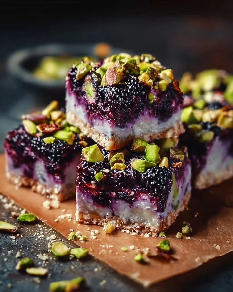 Blackberry Pistachio Dream Bars dessert with vibrant blackberries and pistachios.