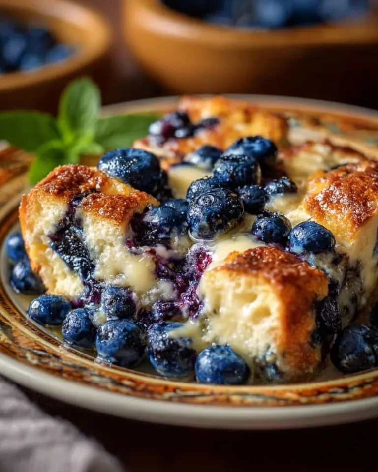 Blueberry Cottage Cheese Breakfast Bake topped with fresh blueberries