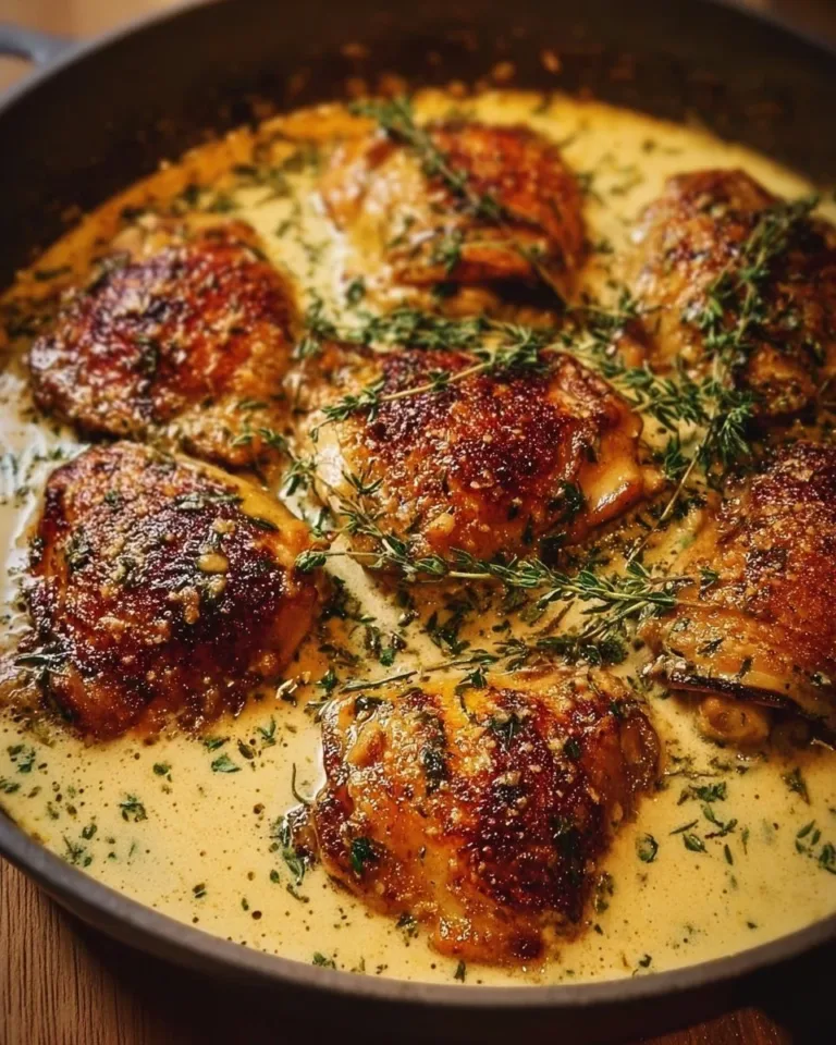 Bobby Flay's skillet chicken thighs served in garlic cream sauce