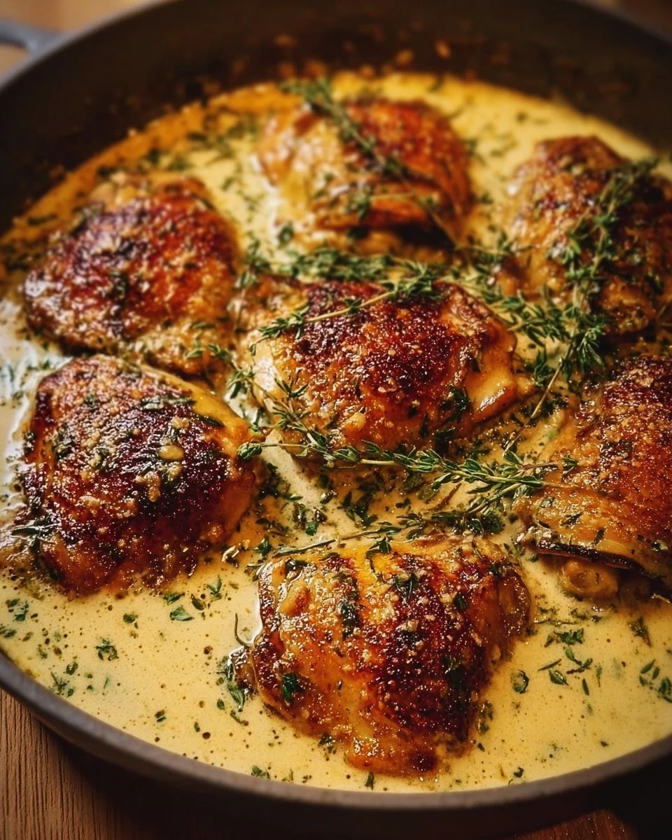 Bobby Flay's skillet chicken thighs served in garlic cream sauce