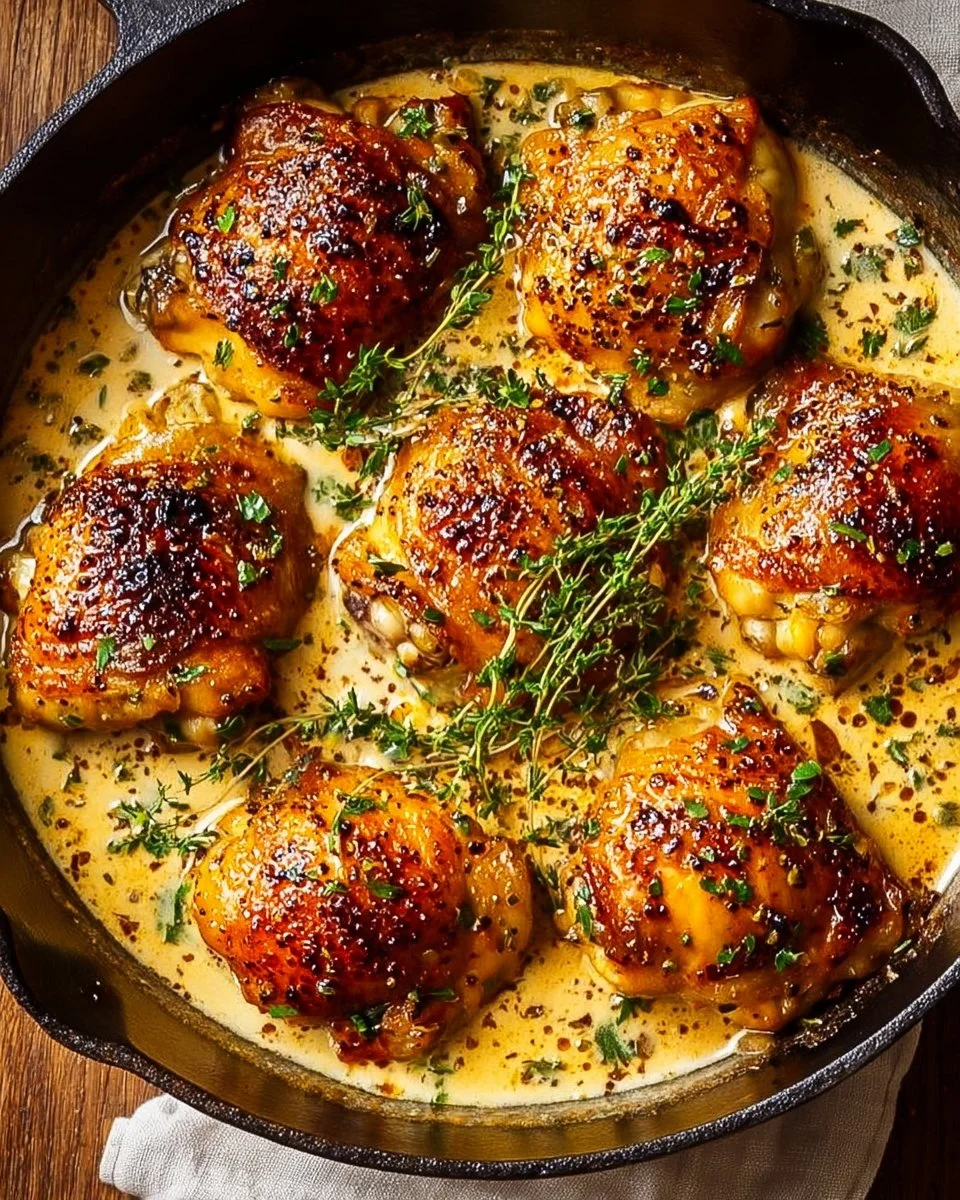 Bobby Flay’s Skillet Chicken Thighs in Garlic Cream Sauce