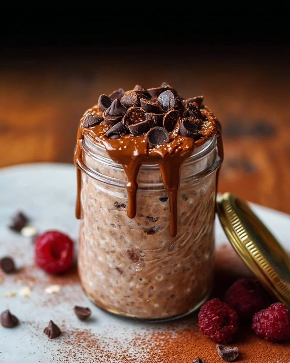 A bowl of brownie batter overnight oats topped with chocolate chips and nuts