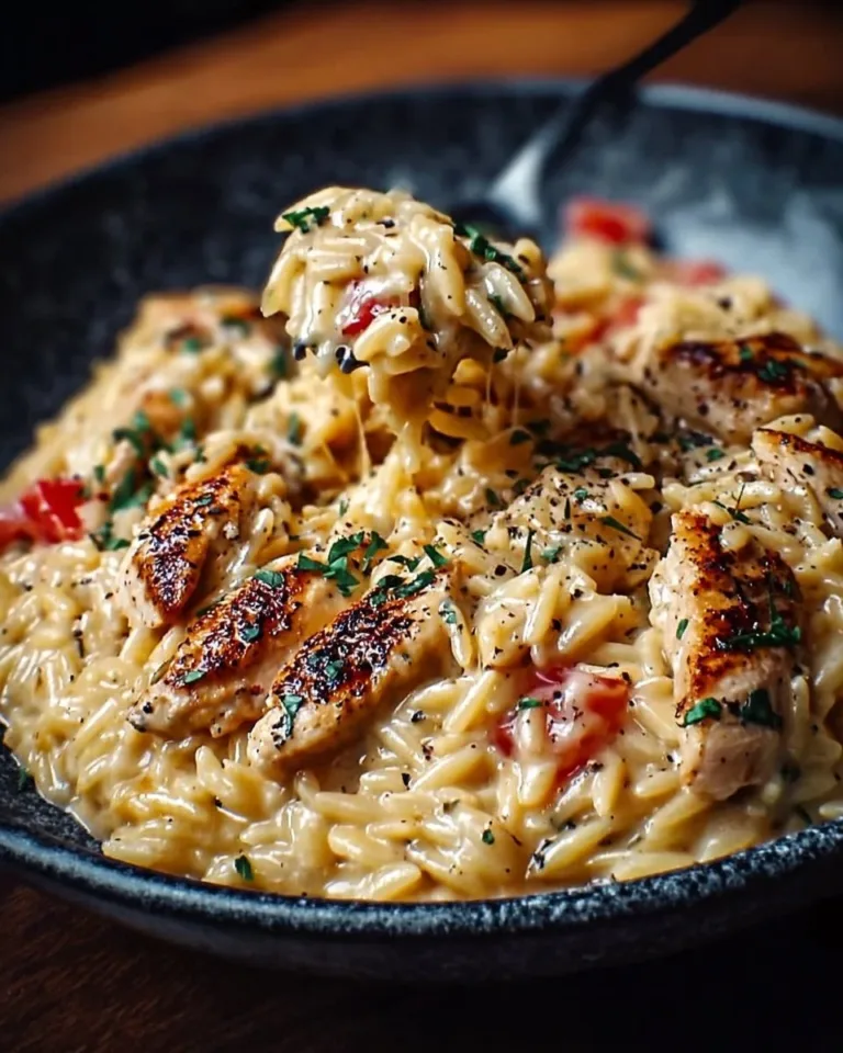 Cajun Chicken Alfredo Orzo served in a bowl with fresh herbs and spices