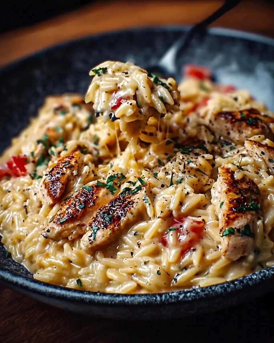 Cajun Chicken Alfredo Orzo served in a bowl with fresh herbs and spices