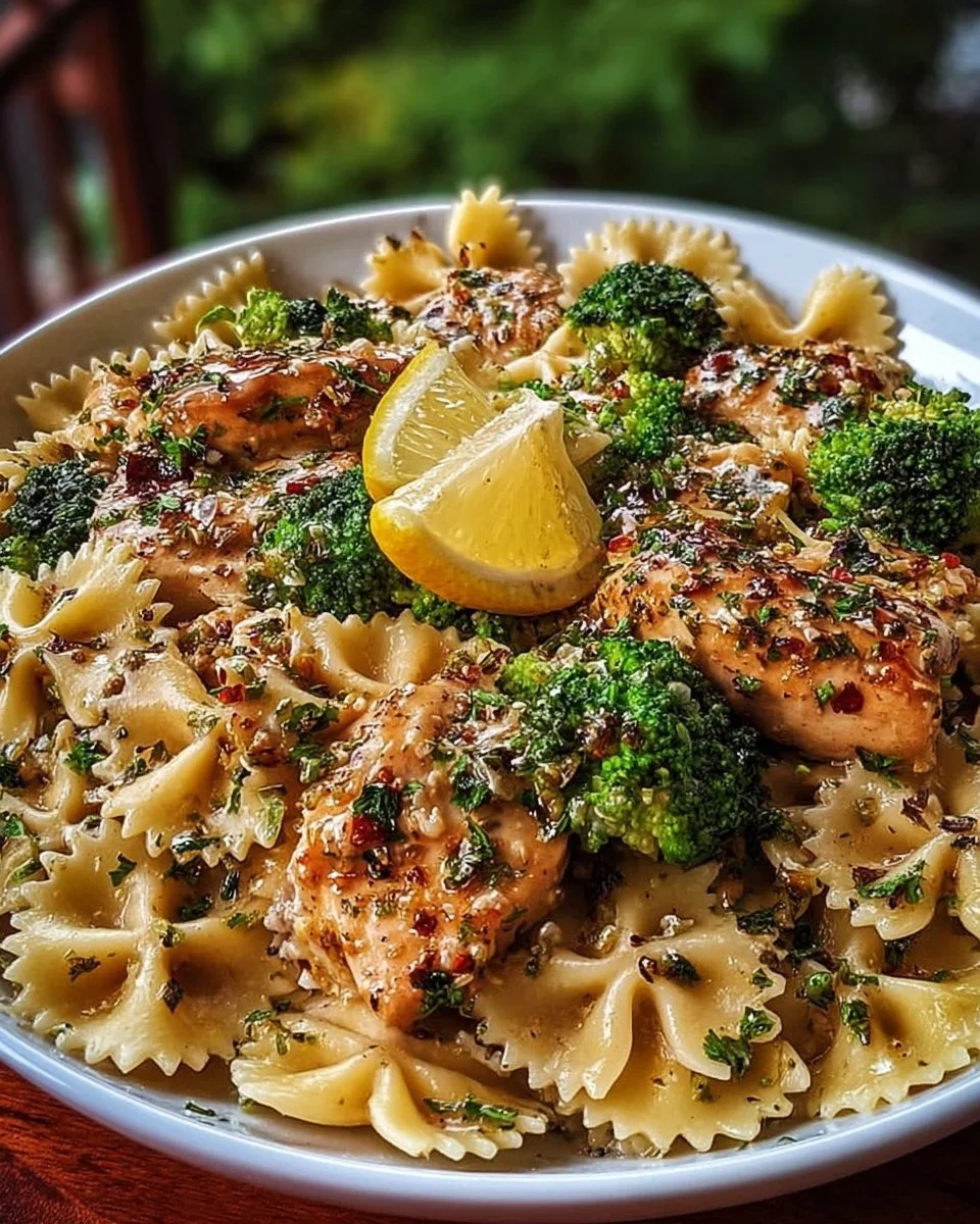 Cajun Chicken served with broccoli and bowtie pasta on a plate
