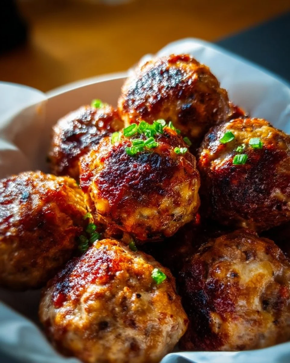 Cheddar Beef Meatballs served on a platter with herbs and dipping sauce