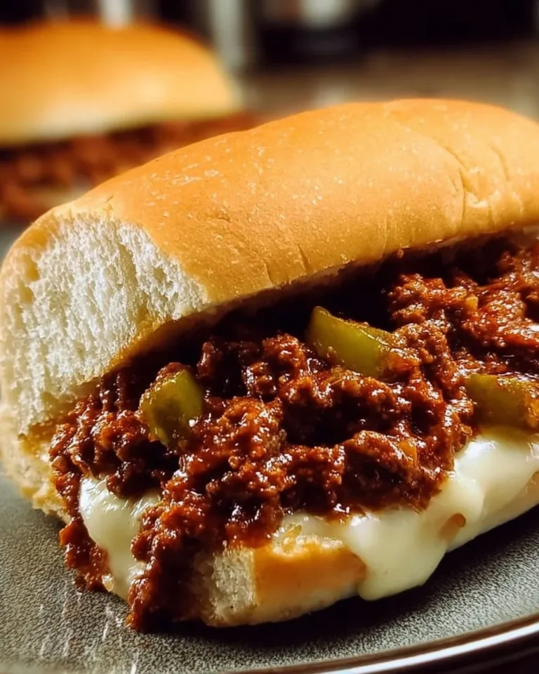 Plate of cheesesteak sloppy joes topped with melted cheese and peppers.