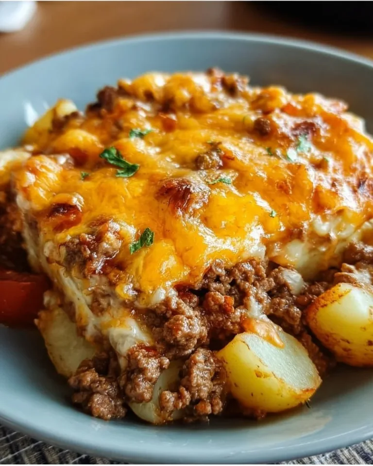 Cheesy beef potato casserole with layers of ground beef and potatoes
