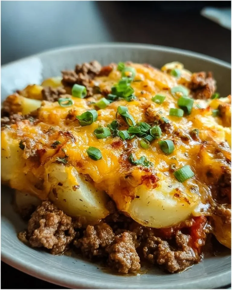 Cheesy ground beef and potato casserole served in a dish