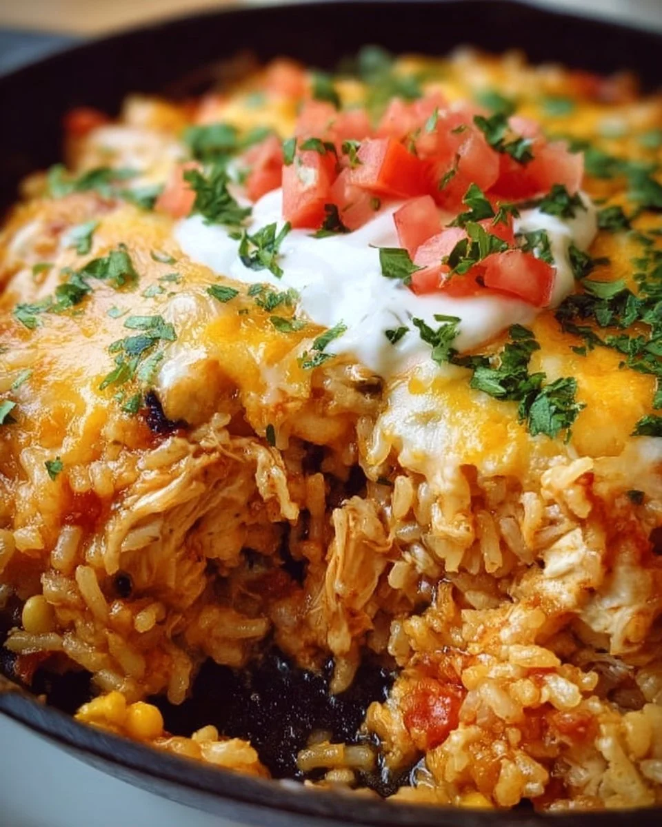 Cheesy taco chicken casserole baked with rice and topped with cheese.