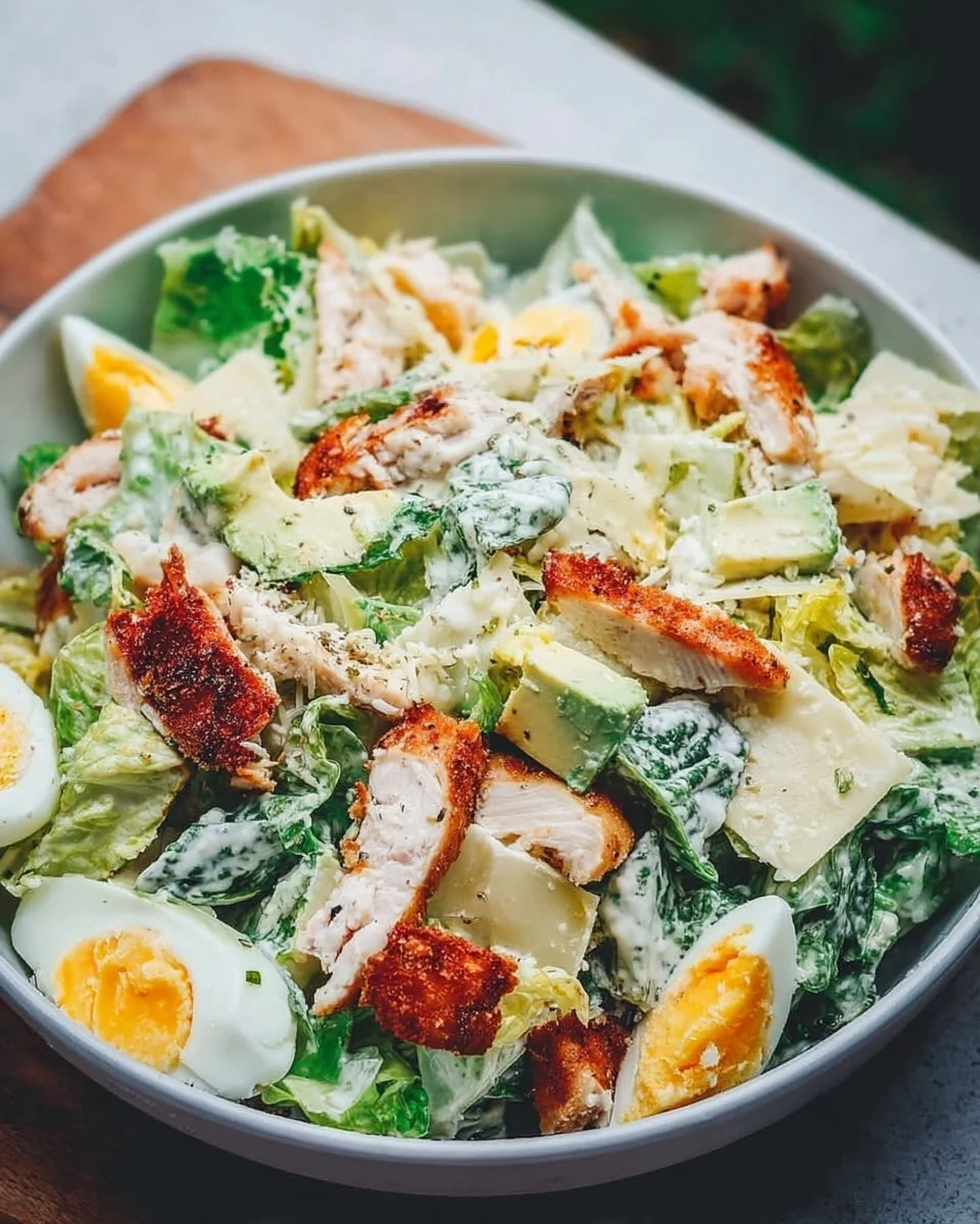 Chicken Avocado Caesar Salad with romaine, grilled chicken, and creamy dressing