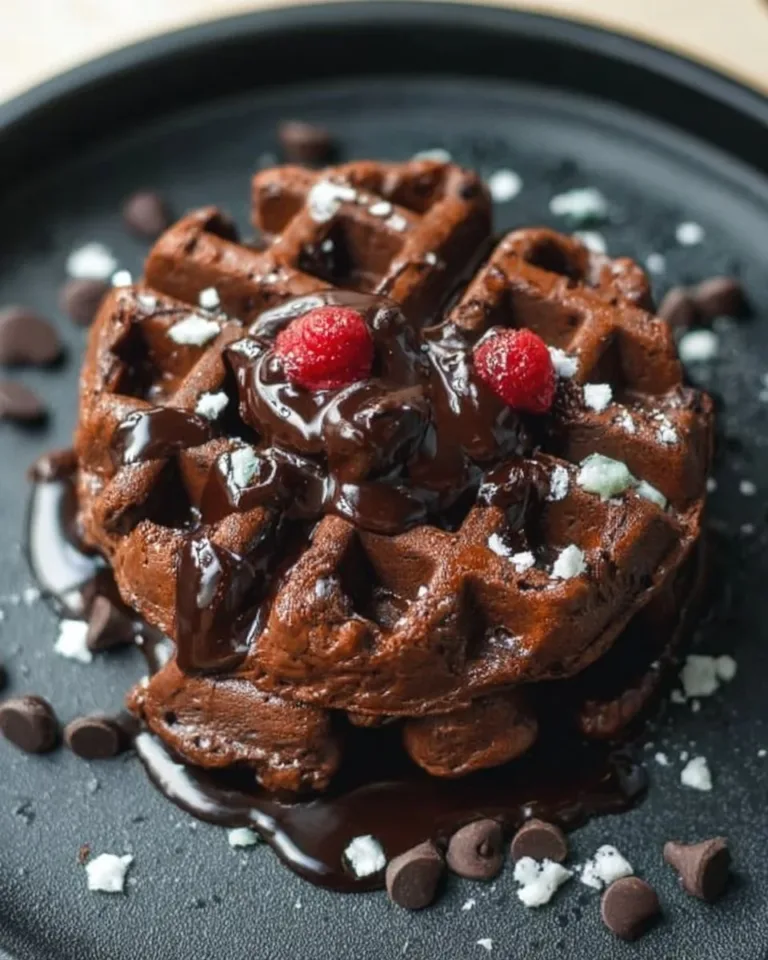 Delicious chocolate brownie waffles drizzled with chocolate sauce.