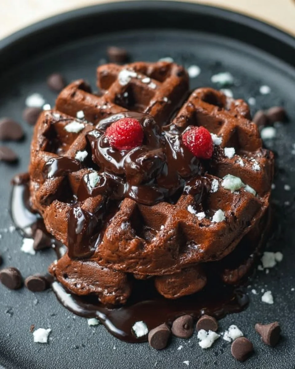 Delicious chocolate brownie waffles drizzled with chocolate sauce.