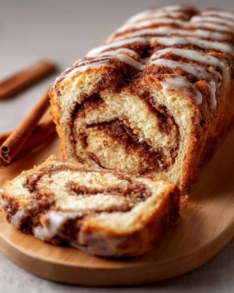 Cinnamon roll cottage cheese loaf with icing on a wooden table.