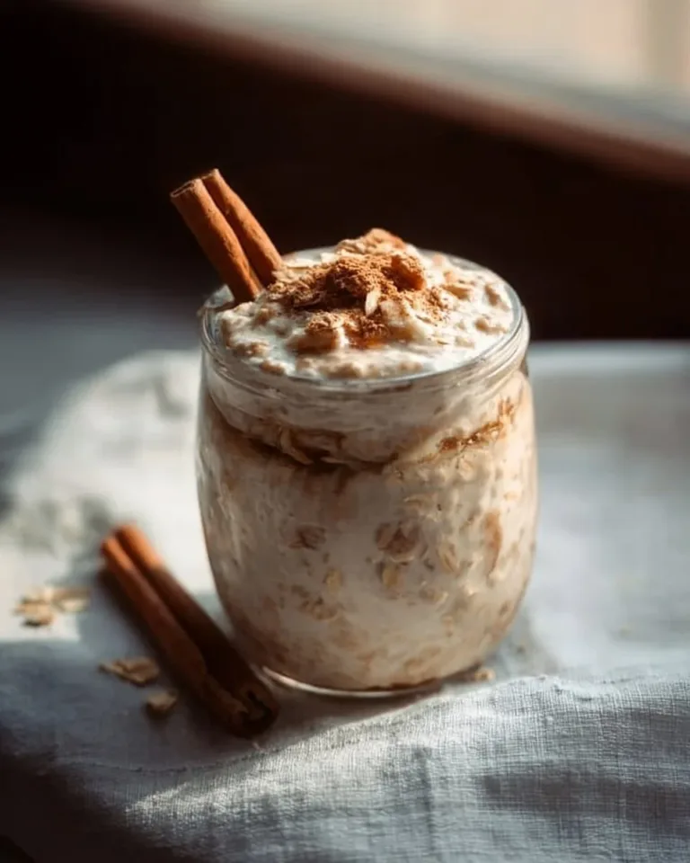Delicious bowl of cinnamon roll overnight oats topped with cinnamon and pecans