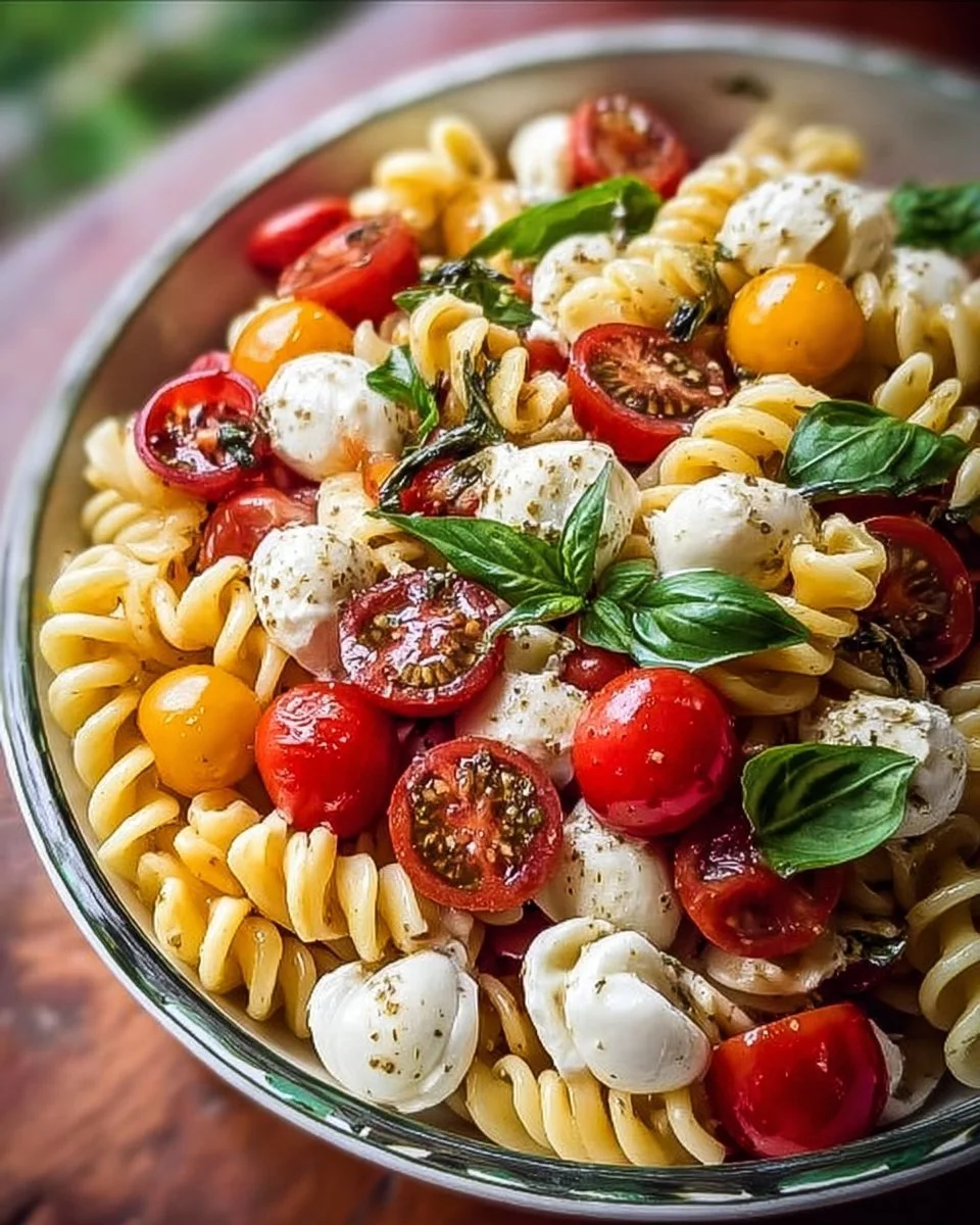 Colorful Caprese Pasta Salad with fresh tomatoes, mozzarella, and basil