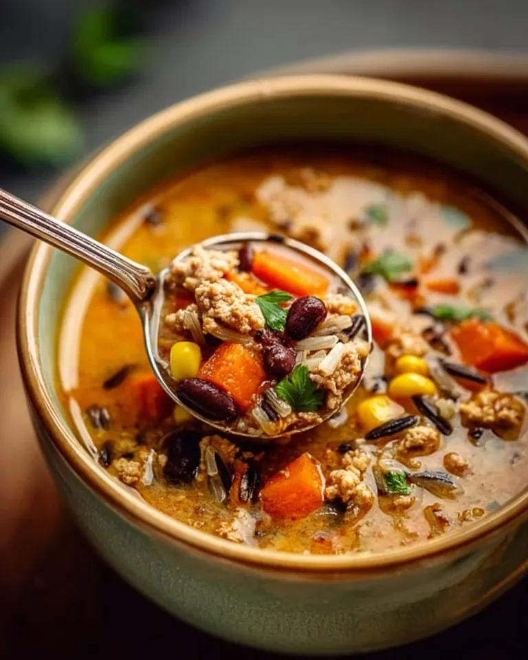 A comforting bowl of ground turkey and wild rice soup garnished with fresh herbs.