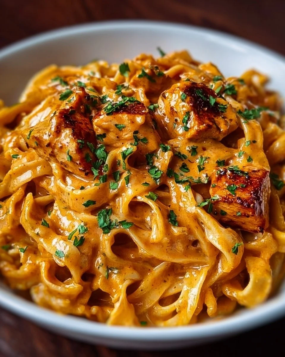 A delicious plate of Cowboy Butter Chicken Pasta with chicken, pasta, and creamy sauce.