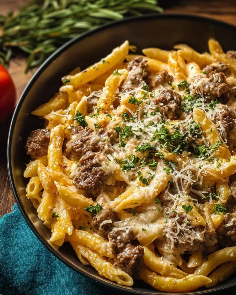 Creamy beef and pasta skillet topped with herbs in a frying pan
