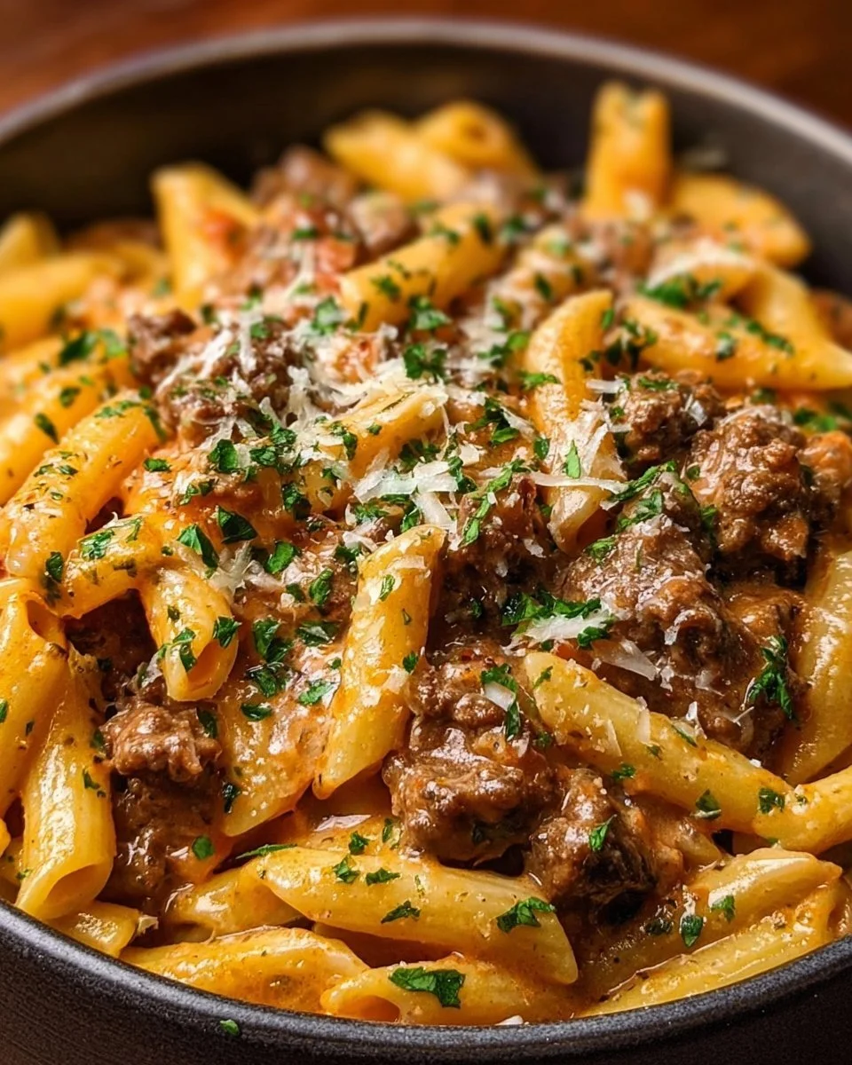 Delicious creamy beef pasta served with herbs on a plate