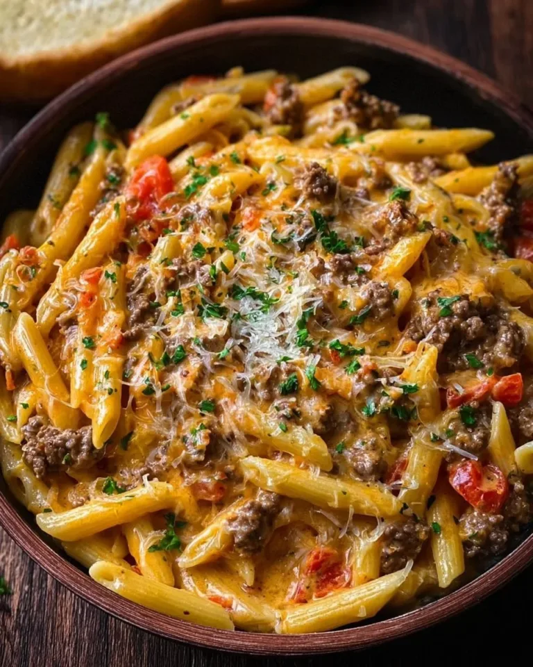 Creamy beef pasta served in a bowl with herbs and parmesan cheese